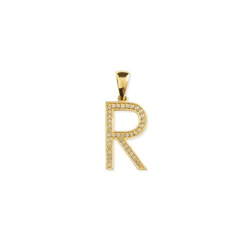 Pingente Letra R em Ouro 18k com Topázios Brancos
