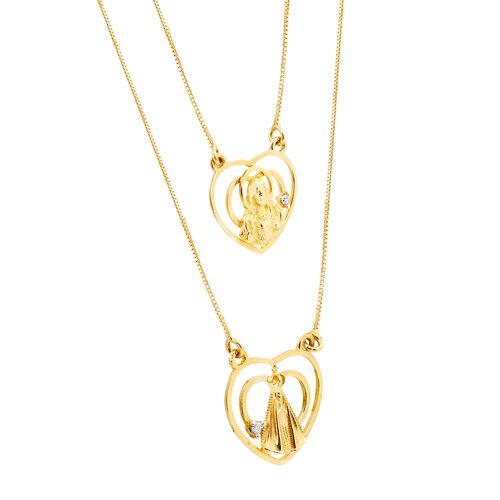 Escapulário Coração Nossa Senhora Aparecida em Ouro Amarelo 18k com Diamantes