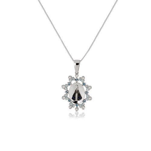 Pingente Royal Nossa Senhora Aparecida de Ouro Branco 18k com Safiras e Topázios
