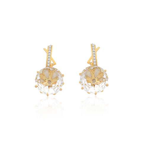 Brincos Dueto de Ouro Amarelo 18k com Quartzo Cristal e Diamantes