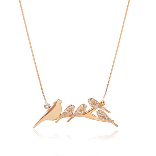 Colar Filhotes 5 Pássaros de Ouro Rosé 18k com Diamantes