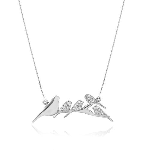 Colar Filhotes Clássico 5 Pássaros de Ouro Branco 18k com Diamantes