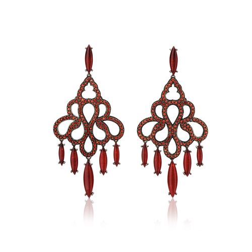 Brincos Luxo de Prata 925 com Granadas e Jades Vermelhas