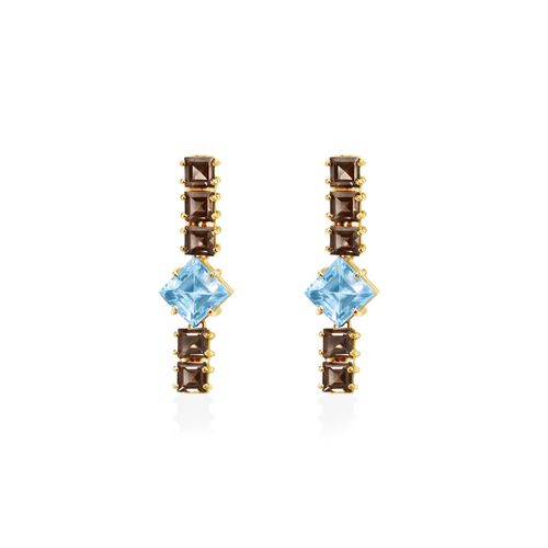 Brincos Unique de Ouro 18k com Quartzos Fumê e Topázios Sky