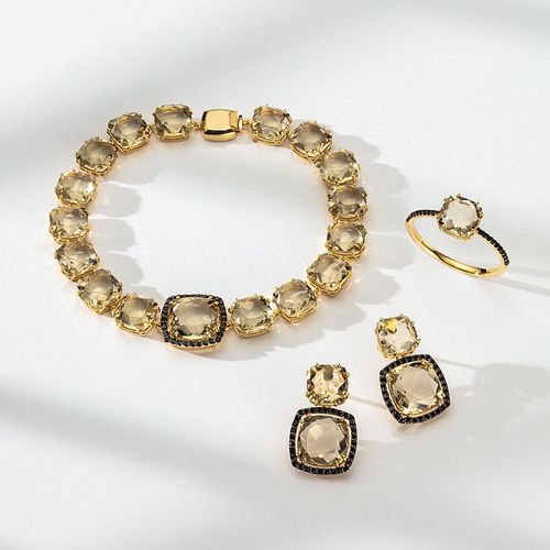 Brincos Happiness G de Ouro 18k com Quartzos Champagne e Espinélios