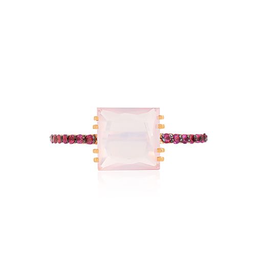 Anel Champagne de Ouro  Rosé 18k com Quartzo Rosa e Rodolitas