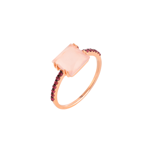 Anel Champagne de Ouro  Rosé 18k com Quartzo Rosa e Rodolitas
