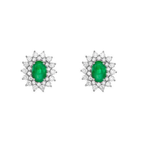Brincos Princesa de Ouro Branco 18k com Esmeralda e Diamantes