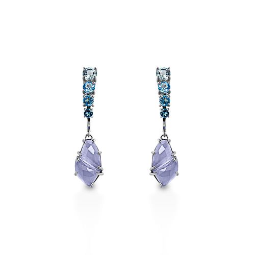 Brincos Deep Blue M de Ouro Branco 18k com Calcedônias e Topázios Azuis