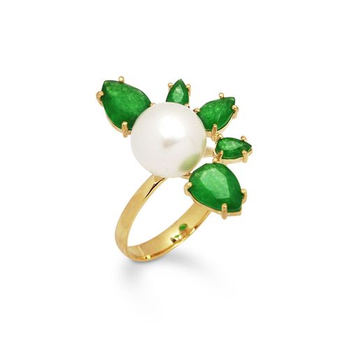 Anel Venice de Ouro 18k com Pérola e Quartzitos Verdes