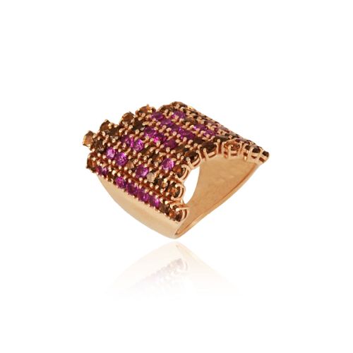 Anel Leaf de Ouro 18k com Degradê de Rodolitas e Quartzos Fumê