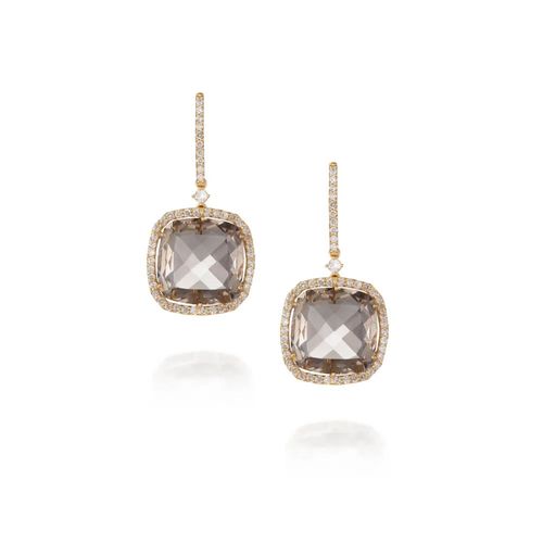 Brincos Caminhos Quadrado P de Ouro 18k com Quartzos Acitrinado e Diamantes
