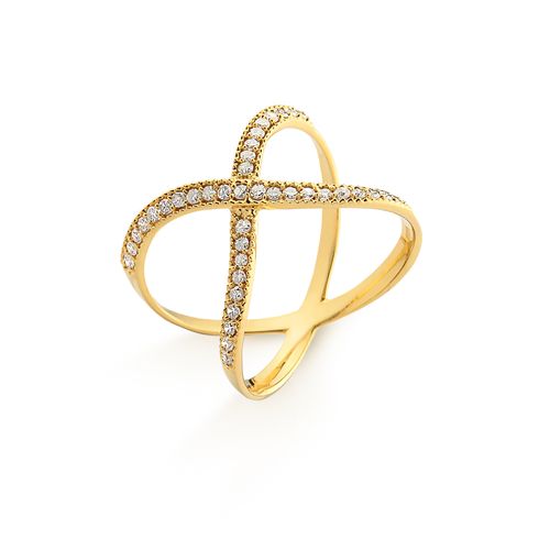Anel Fitas G de Ouro 18k em Formato de X com Diamantes