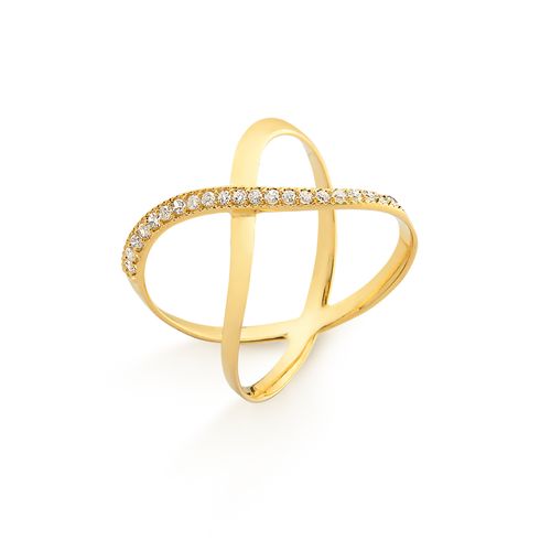 Anel Fitas de Ouro 18k em Formato de X com Diamantes