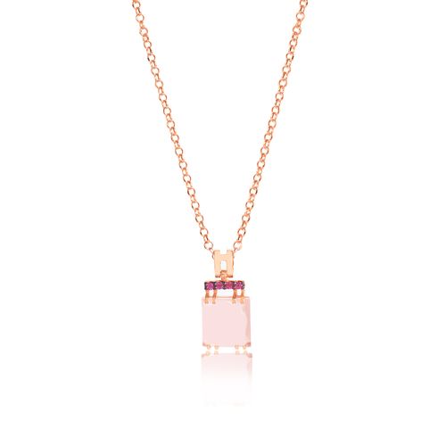 Colar Champagne de Ouro Rosé 18k com Quartzo Rosa e Rodolitas