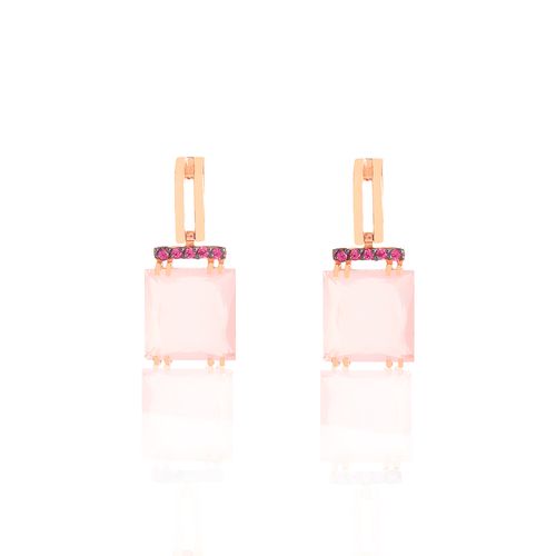 Brincos Champagne de Ouro Rosé 18k com Quartzo Rosa e Rodolitas