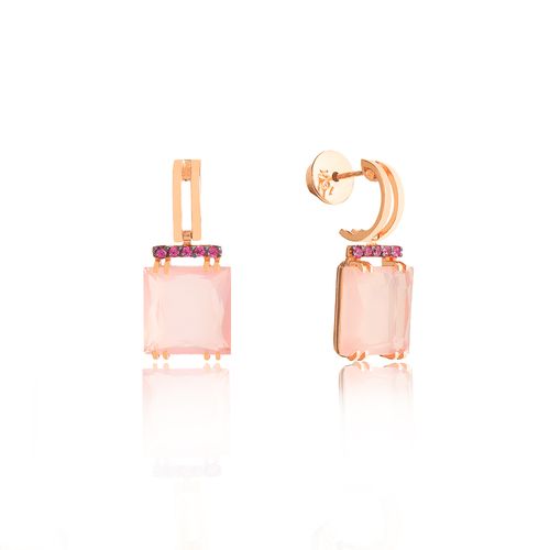 Brincos Champagne de Ouro Rosé 18k com Quartzo Rosa e Rodolitas