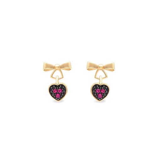 Brincos Laço e Coração Mini de Ouro Amarelo 18k com Rubis