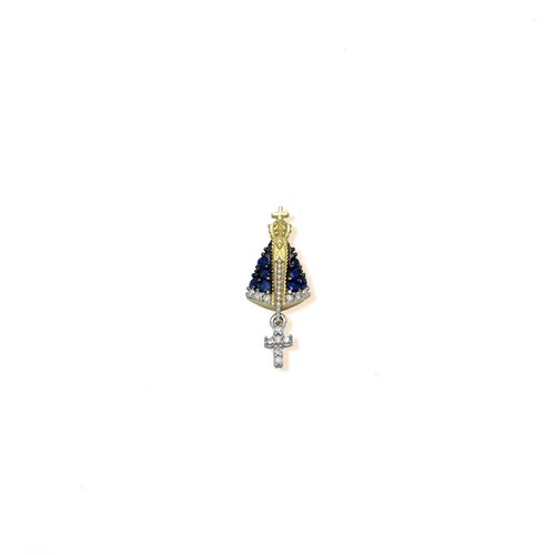 Pingente Nossa Senhora Aparecida Ouro Amarelo 18k com Safiras e Diamantes