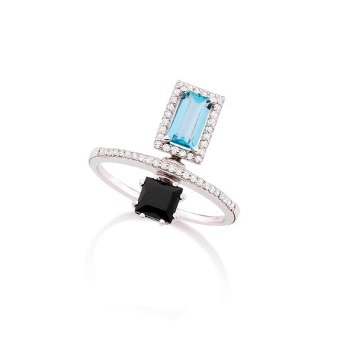 Anel La Belle de Ouro Branco 18k com Topázio Azul, Ônix e Diamantes
