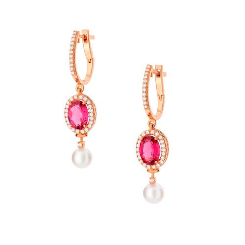 Brincos La Belle de Ouro Rosé 18k com Rubelita, Pérola e Diamantes
