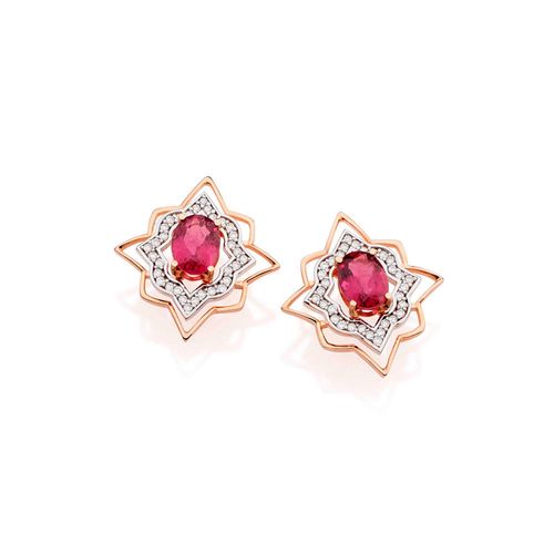 Brincos Erté de Ouro Rosé 18k com Turmalinas Rosa e Diamantes