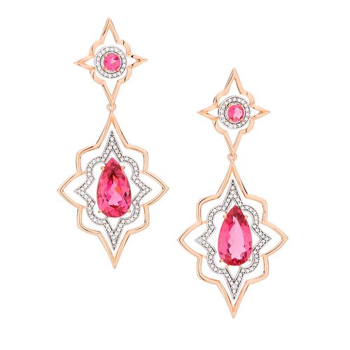 Brincos Erté de Ouro Rosé 18k com Turmalinas Rosa e Diamantes