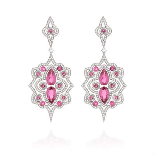 Brincos Erté Deluxe de Ouro Branco 18k com Turmalinas Rosa e Diamantes