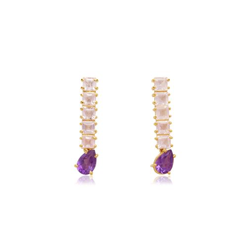 Brincos Unique de Ouro 18k com Quartzos Rosa e Ametistas