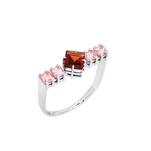 Anel Unique de Ouro Branco 18k com Topázios Rosa e Granada