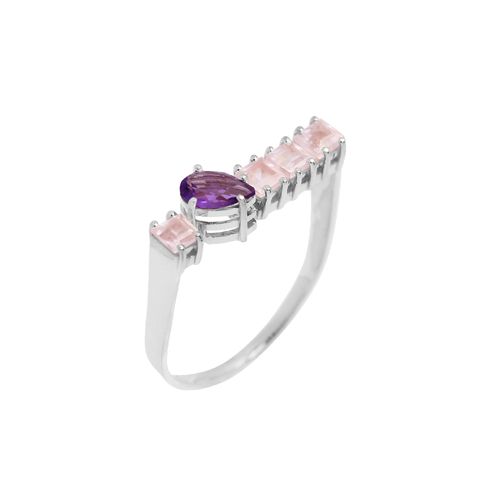 Anel Unique de Ouro Branco 18k com Quartzos Rosa e Ametista