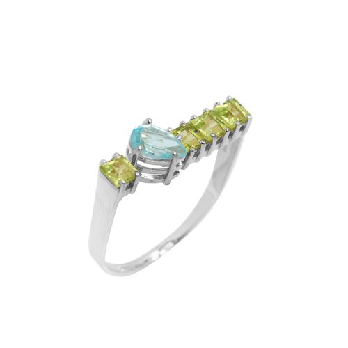 Anel Unique de Ouro Branco 18k com Topázios Sky e Peridoto
