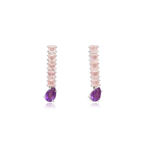 Brincos Unique de Ouro Branco 18k com Quartzos Rosa e Ametistas