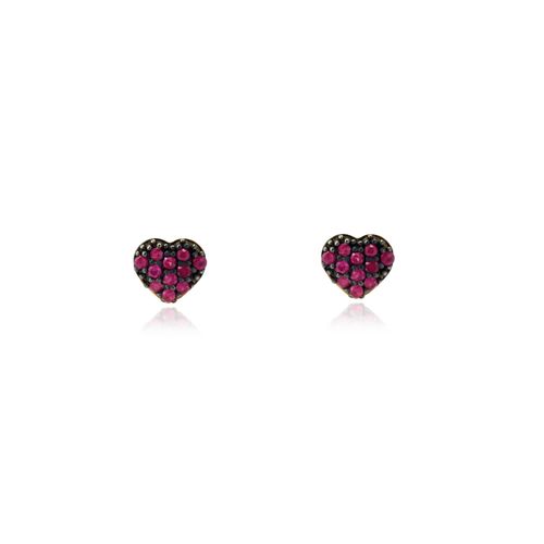 Brincos Mini Pavê Coração de Ouro 18k com Rubis