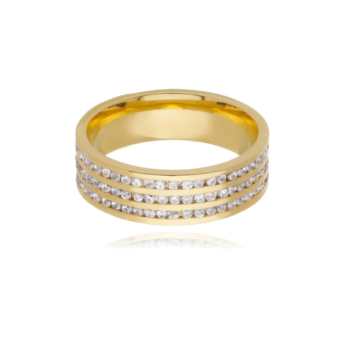 Aliança de Ouro Amarelo 18k Reta com Frisos e Diamantes