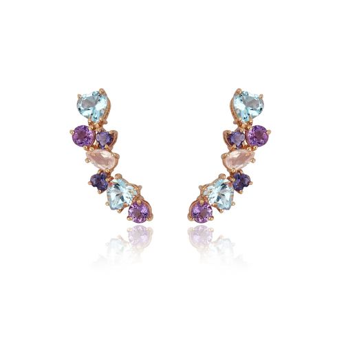 Brincos Ear Cuff Love Blend em Ouro Rosé 18k com Mix de Pedras Brasileiras