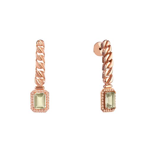 Brincos Aurora P de Ouro Rosé 18k com Prasiolita e Diamante Chocolate