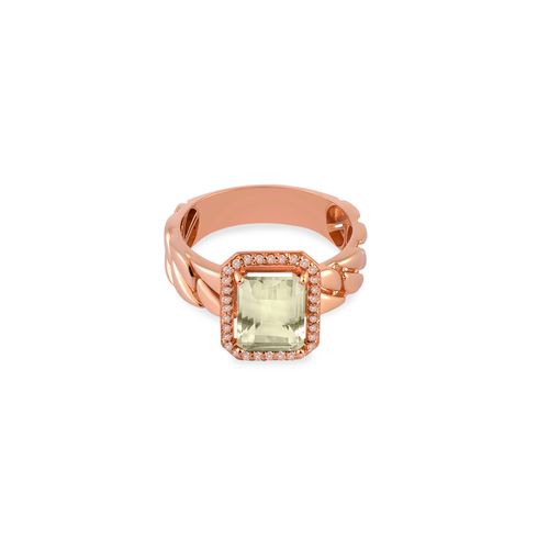 Anel Aurora de Ouro Rosé 18k com Prasiolita e Diamante Chocolate