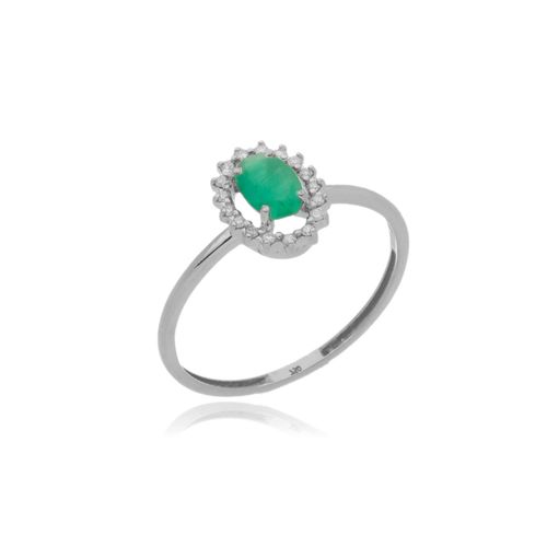 Anel Princesa Oval M de Ouro Branco 18k com Esmeralda e Diamantes