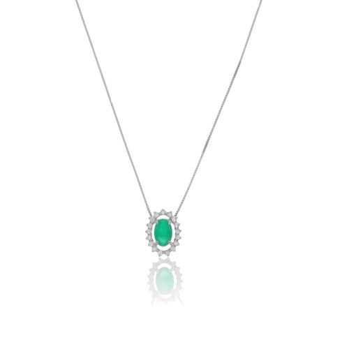 Colar Princesa Oval M de Ouro Branco 18k com Esmeralda e Diamantes