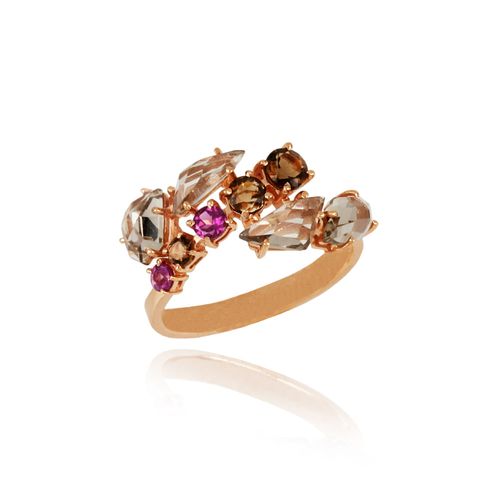 Anel Leaf P de Ouro 18k com Rodolitas e Quartzos Fumê