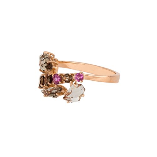Anel Leaf P de Ouro 18k com Rodolitas e Quartzos Fumê