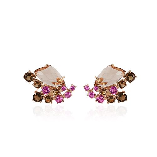 Brincos Leaf P de Ouro 18k com Rodolitas e Quartzos Fumê