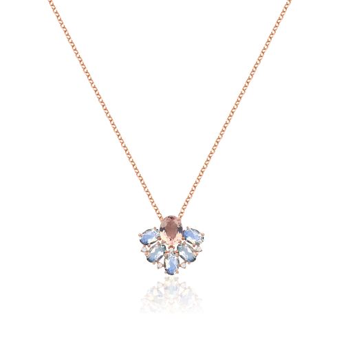 Colar Jolie de Ouro rosé 18k com Quartzo Rosa, Pedra da Lua e Diamantes