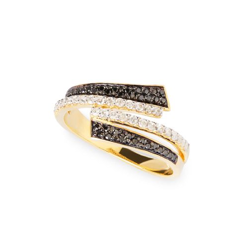 Anel Conceito Diamante P de Ouro 18k com Diamantes Brancos e Negros