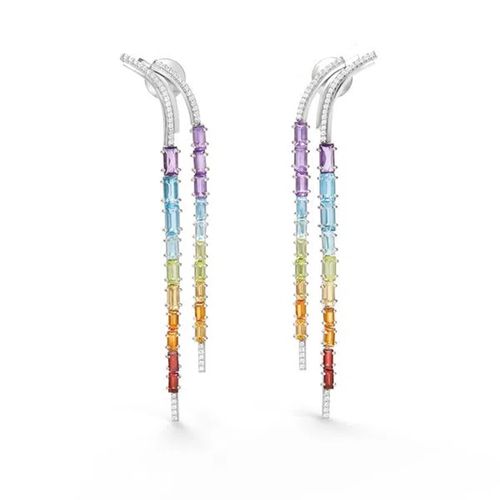 Brincos Íris longo em Ouro Branco 18k com Pedras Brasileiras e Diamantes