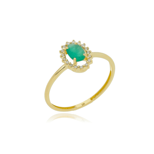 Anel Princesa Oval M de Ouro 18k com Esmeralda e Diamantes