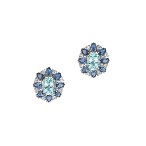 Brincos Caleidoscópio em Ouro Branco 18k com Água Marinha, Safira e Diamantes
