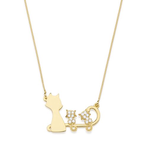 Colar Filhotes 3 Gatinhos em Ouro Amarelo 18k e diamantes