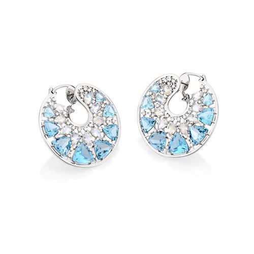 Brincos Delune Redondo Topázio Azul Pedras da Lua e Diamantes em Ouro Branco 18k
